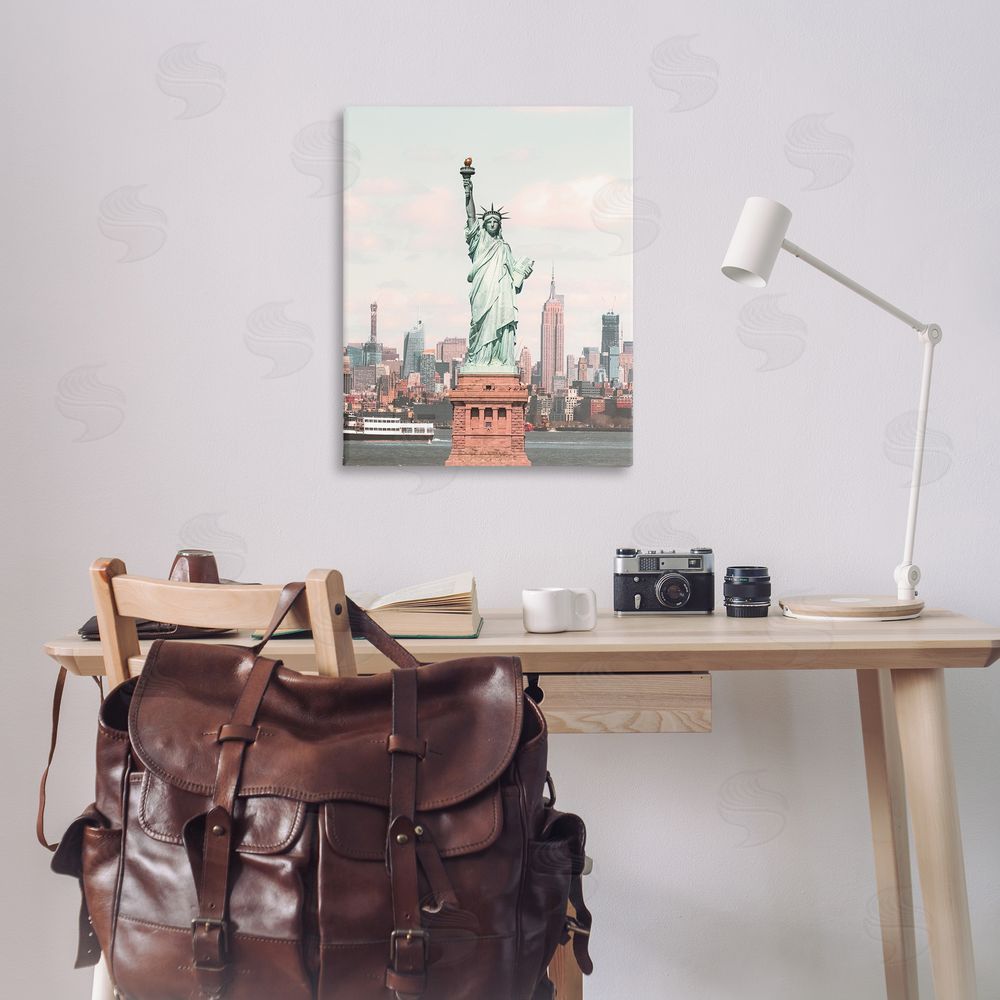 Nataly White Statue of Liberty Skyline Canvas Wall Art Print in Room