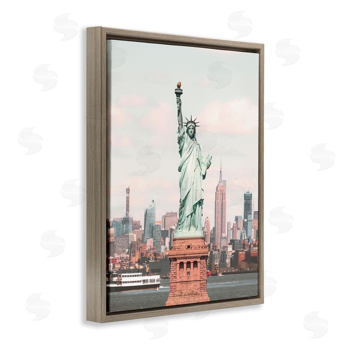 Nataly White Statue of Liberty Skyline Brown Floating Frame Canvas Wall Art Print