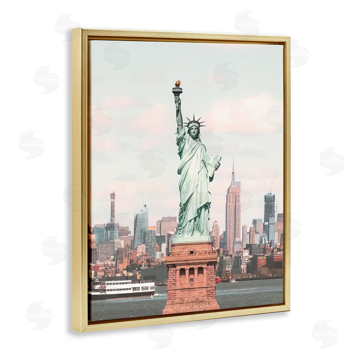 Nataly White Statue of Liberty Skyline Gold Floating Frame Canvas Wall Art Print