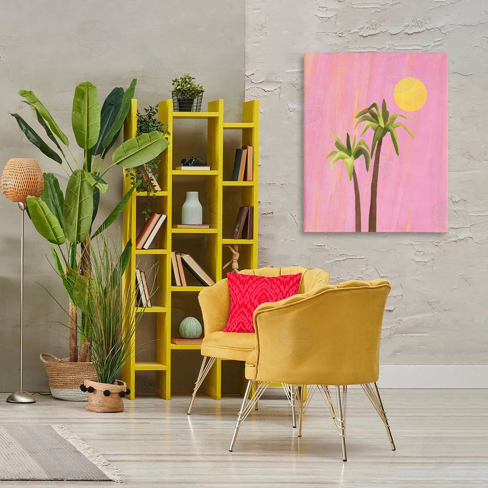Nataly White Sunny Palm Trees Pink Canvas Wall Art Print in Room