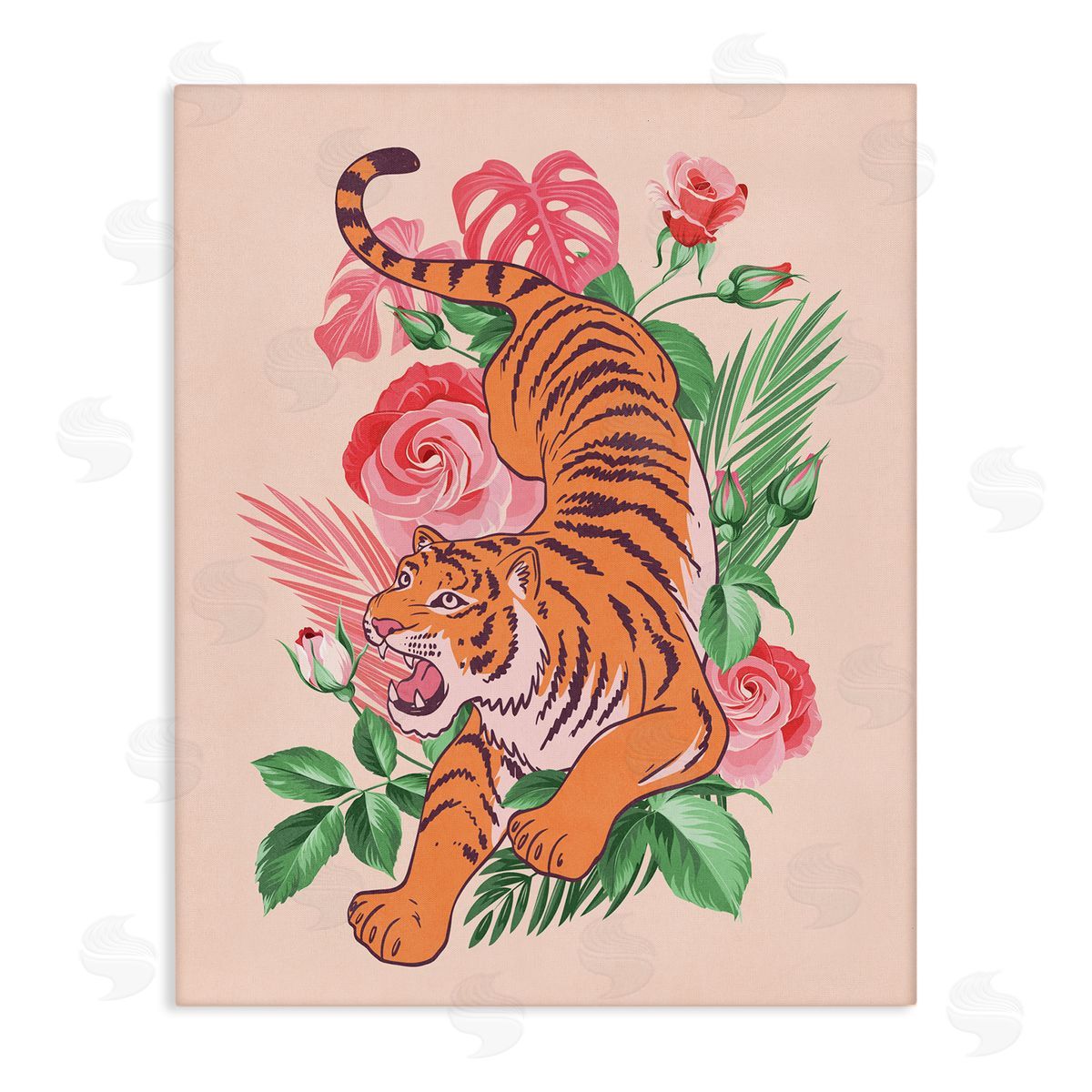 Nataly White Tiger & Tropical Roses Canvas Wall Art Print