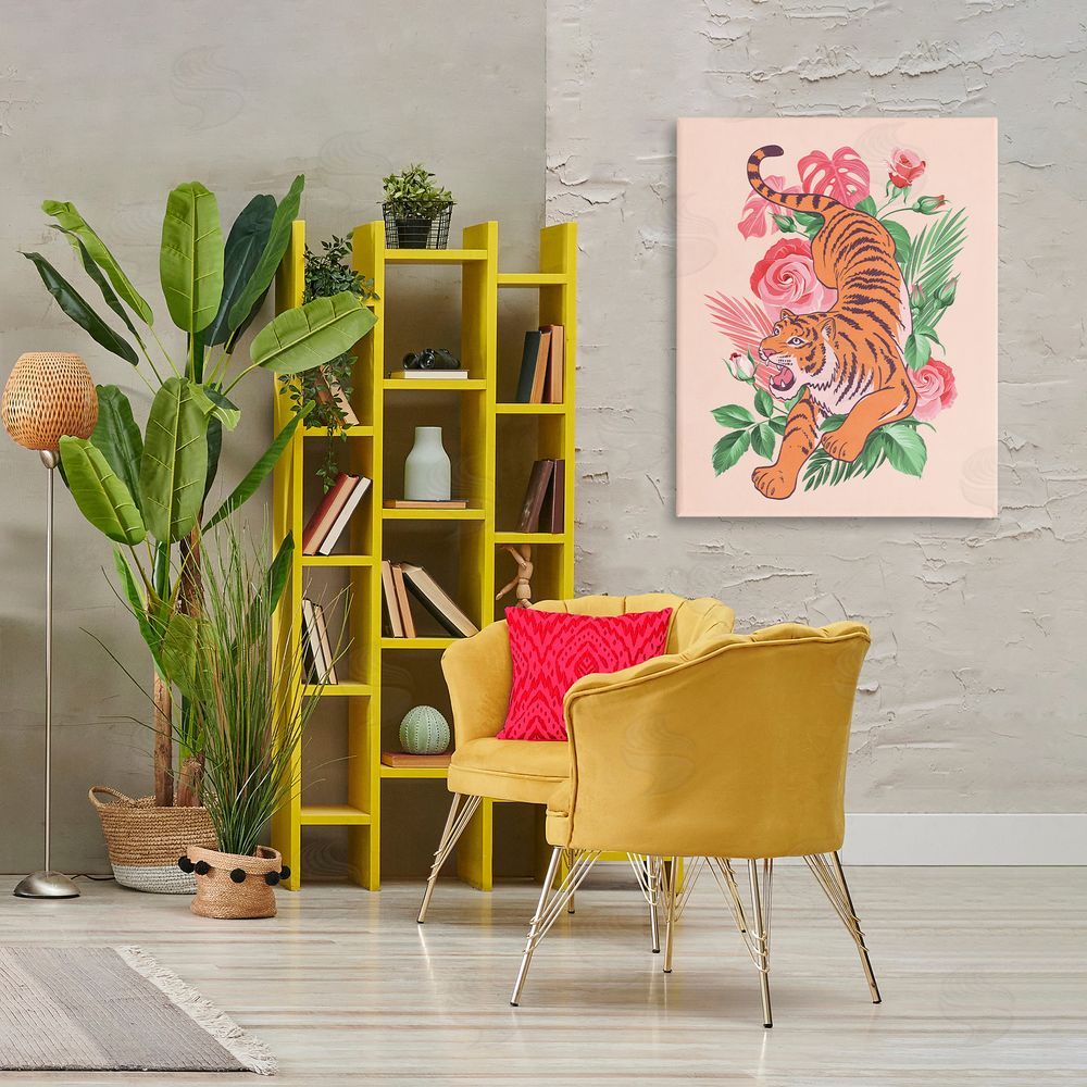 Nataly White Tiger & Tropical Roses Canvas Wall Art Print in Room