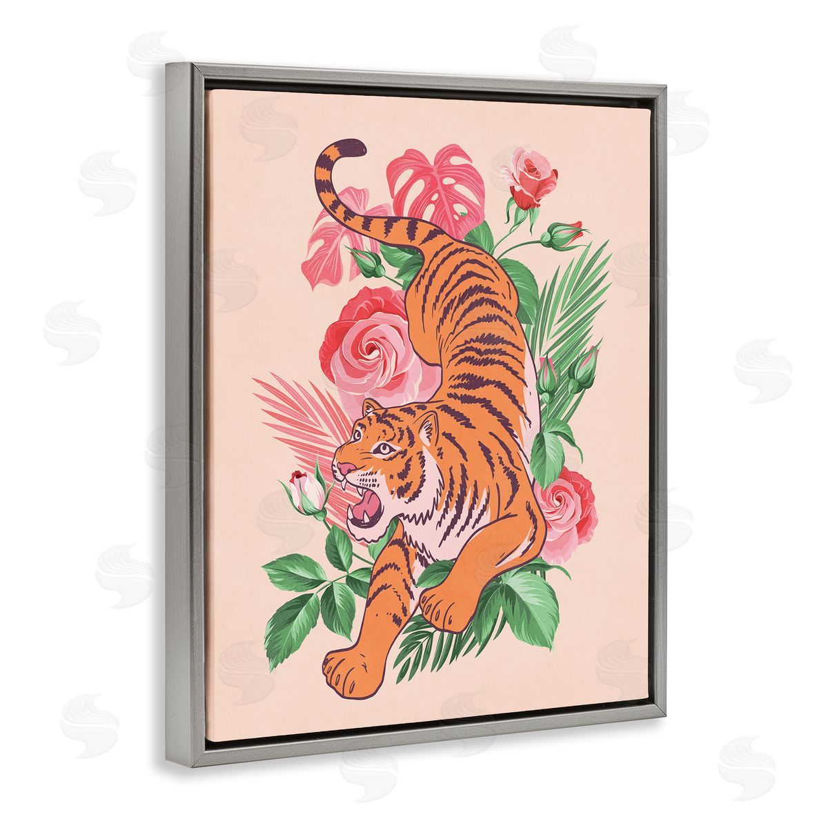 Nataly White Tiger & Tropical Roses Gray Floating Frame Canvas Wall Art Print