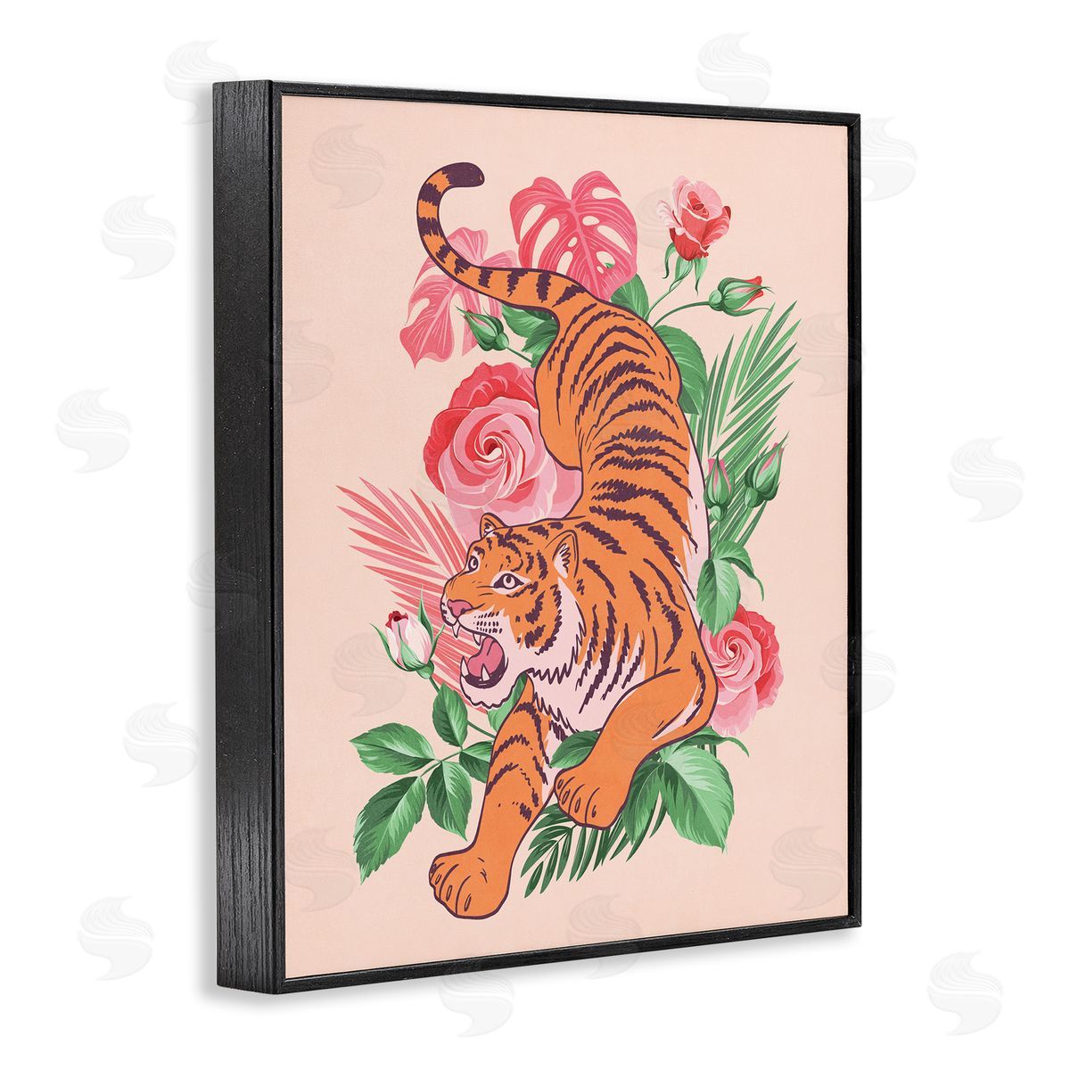 Nataly White Tiger & Tropical Roses Black Framed Giclee Wall Art Print