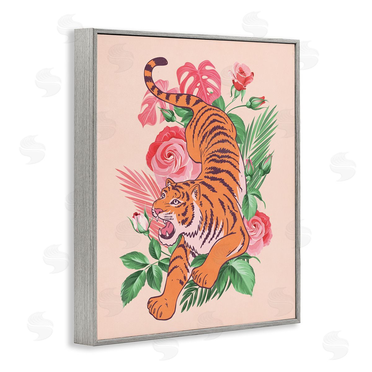 Nataly White Tiger & Tropical Roses Gray Framed Giclee Wall Art Print
