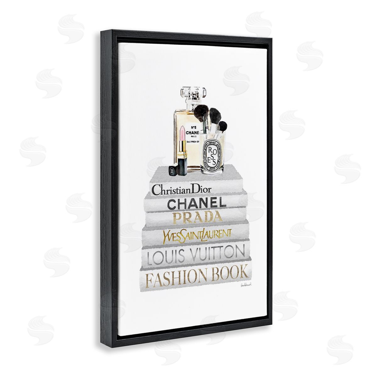 Amanda Greenwood Neat Bookstack with Makeup Black Floating Frame Canvas Wall Art Print