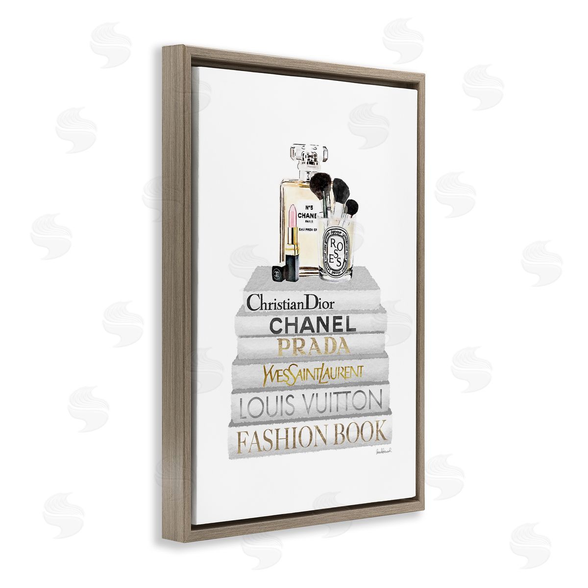 Amanda Greenwood Neat Bookstack with Makeup Brown Floating Frame Canvas Wall Art Print