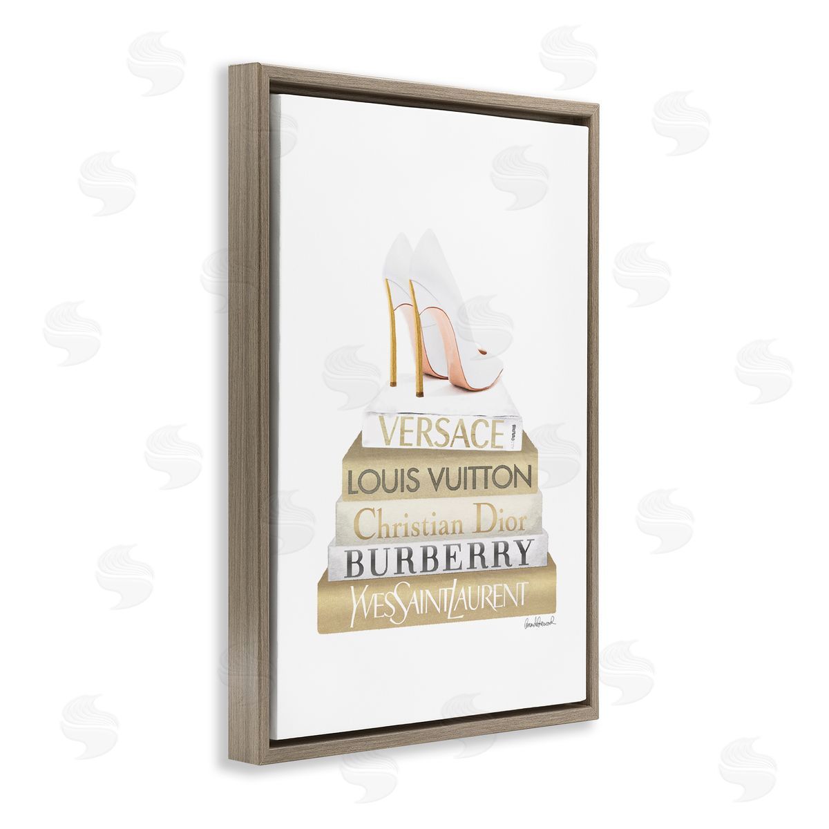 Amanda Greenwood Gold & White Book Stack Brown Floating Frame Canvas Wall Art Print