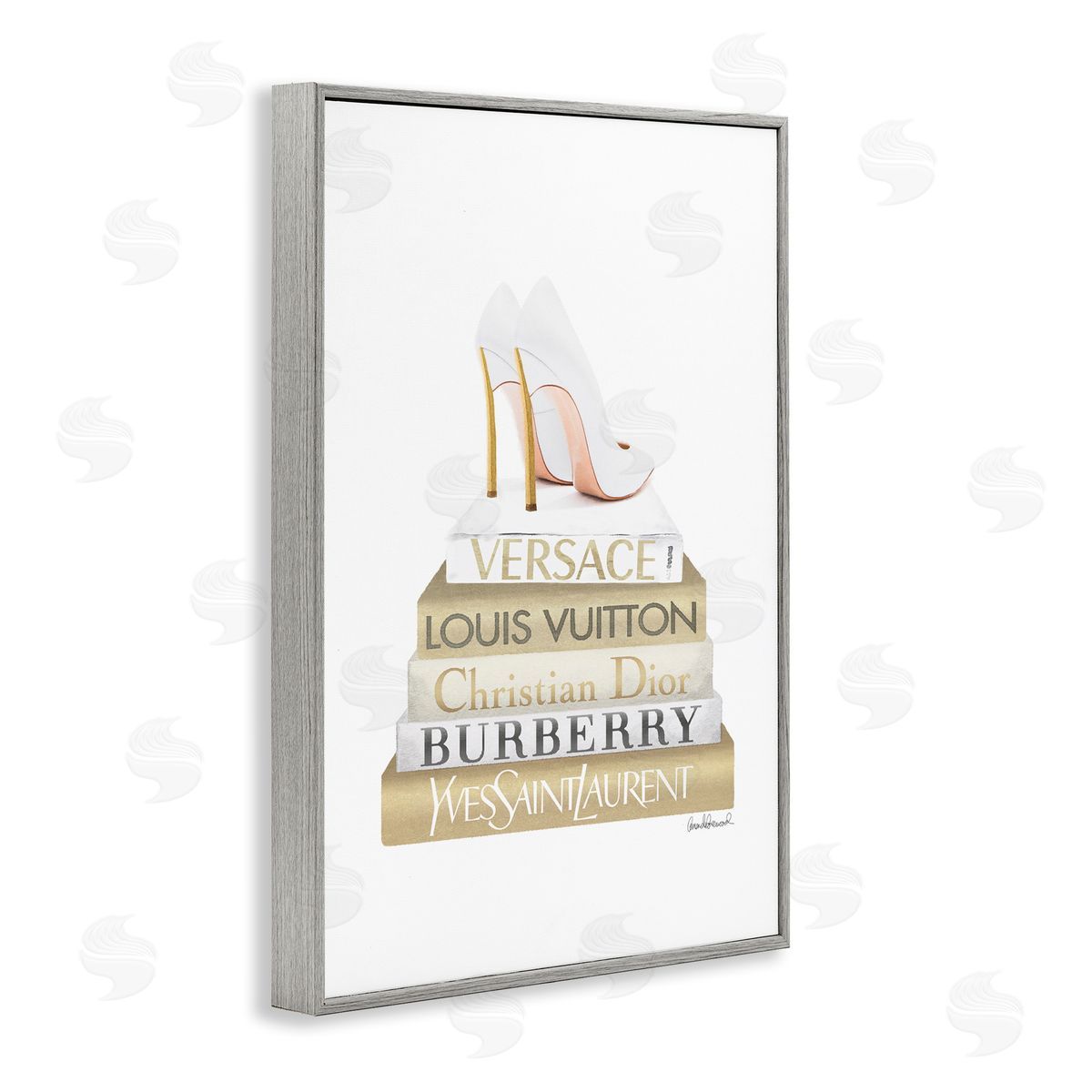 Amanda Greenwood Gold & White Book Stack Gray Framed Giclee Wall Art Print