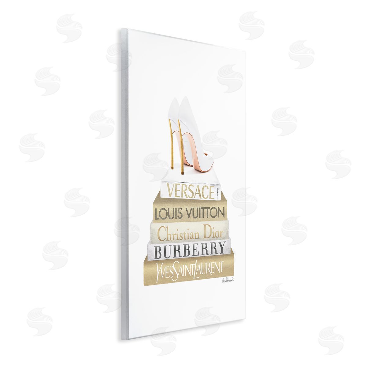 Amanda Greenwood Gold & White Book Stack Wooden Wall Plaque Art Print