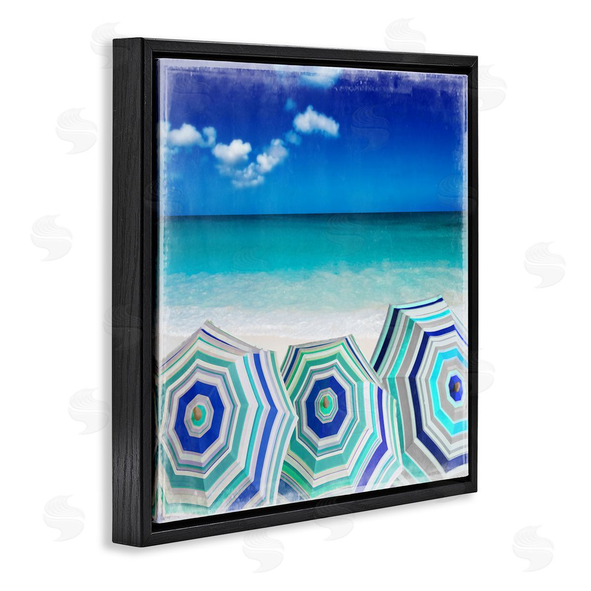 Charlie Carter Three Beach Umbrellas View Black Floating Frame Canvas Wall Art Print