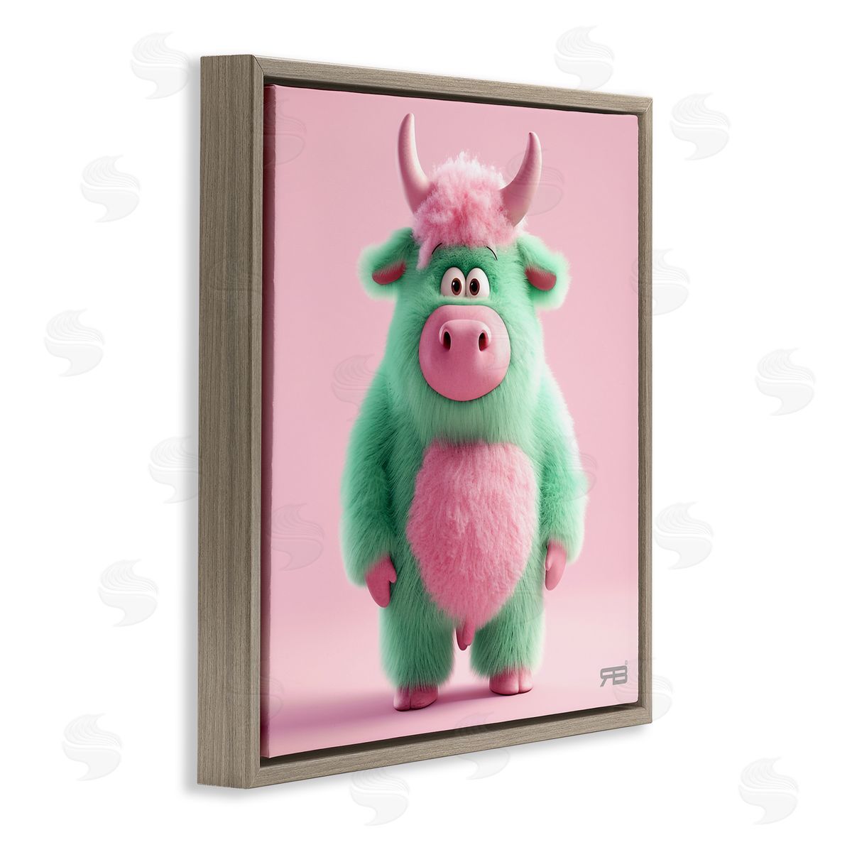 RB Silly Green Cow Brown Floating Frame Canvas Wall Art Print
