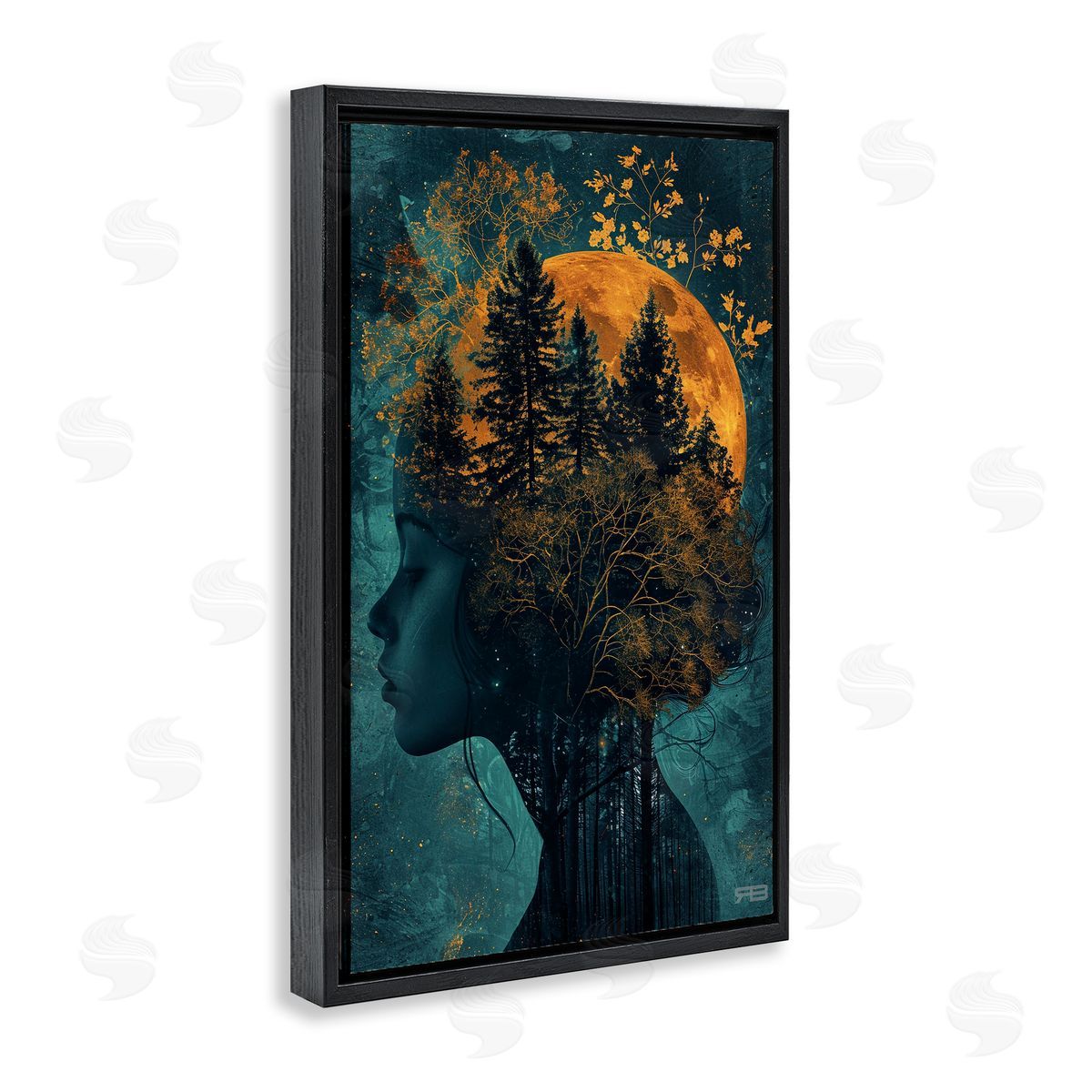RB Visage of Woman with Nature Black Floating Frame Canvas Wall Art Print
