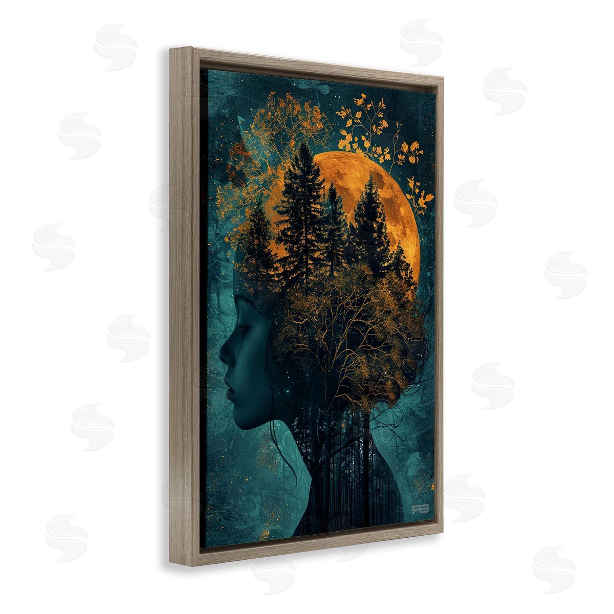 RB Visage of Woman with Nature Brown Floating Frame Canvas Wall Art Print