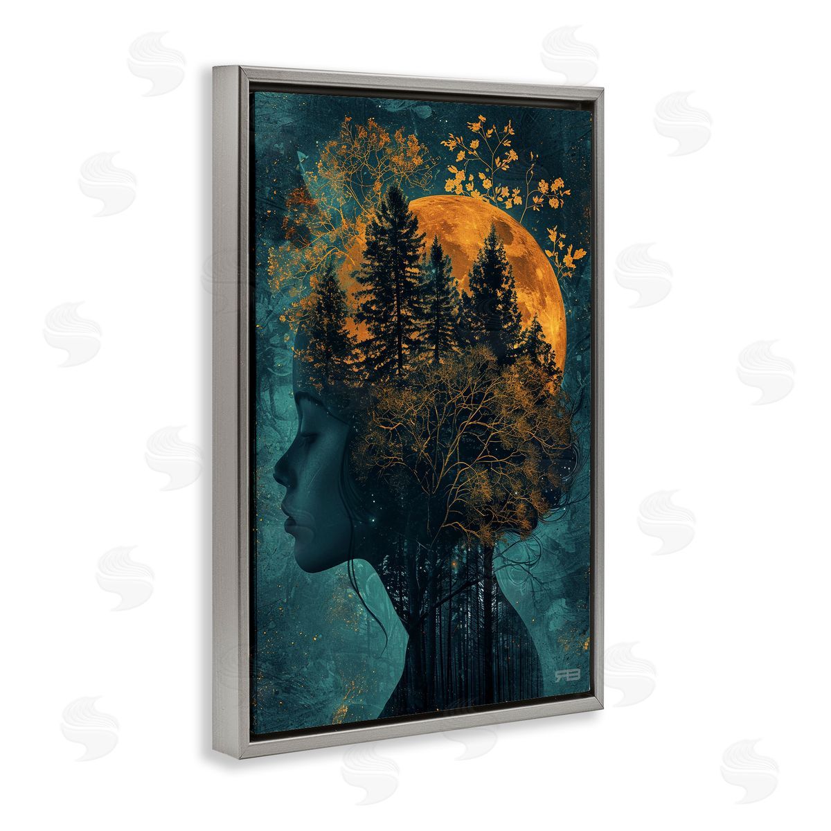 RB Visage of Woman with Nature Gray Floating Frame Canvas Wall Art Print