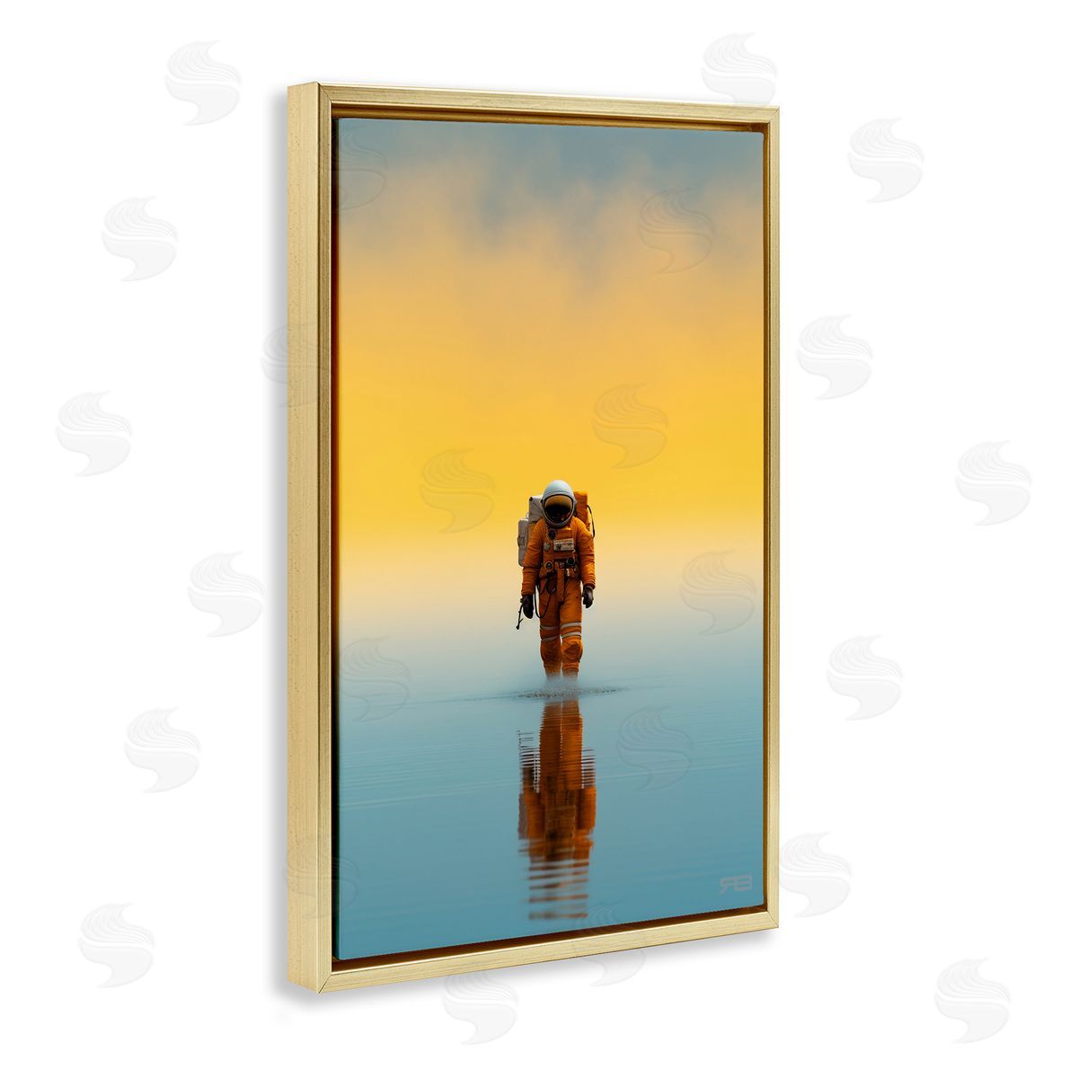 RB Astronaut with Ombre Sunset Gold Floating Frame Canvas Wall Art Print
