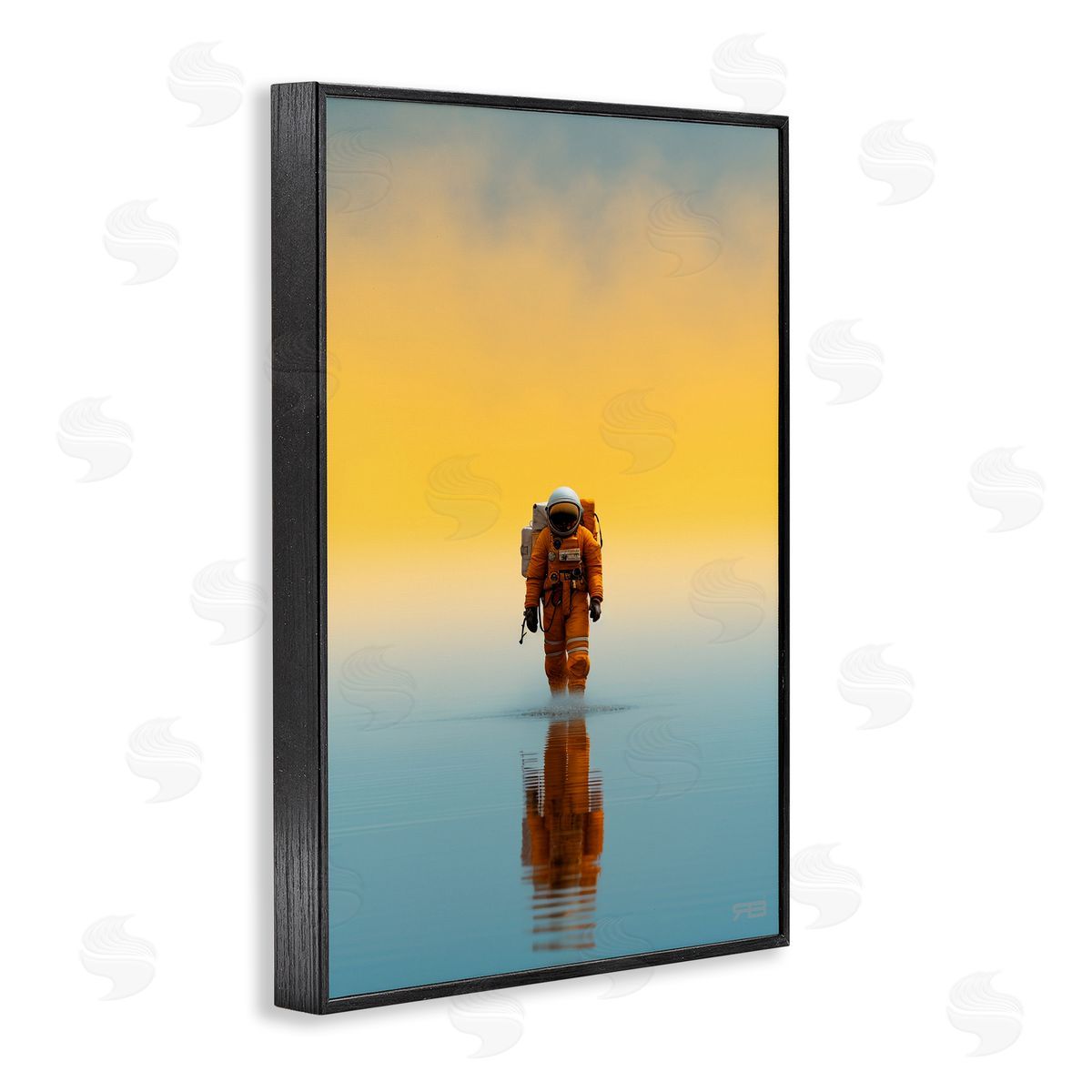 RB Astronaut with Ombre Sunset Black Framed Giclee Wall Art Print