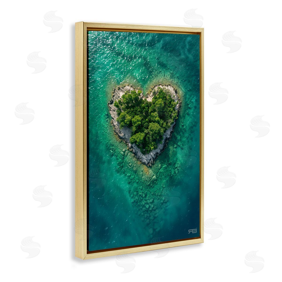 RB Heart Shaped Island Gold Floating Frame Canvas Wall Art Print