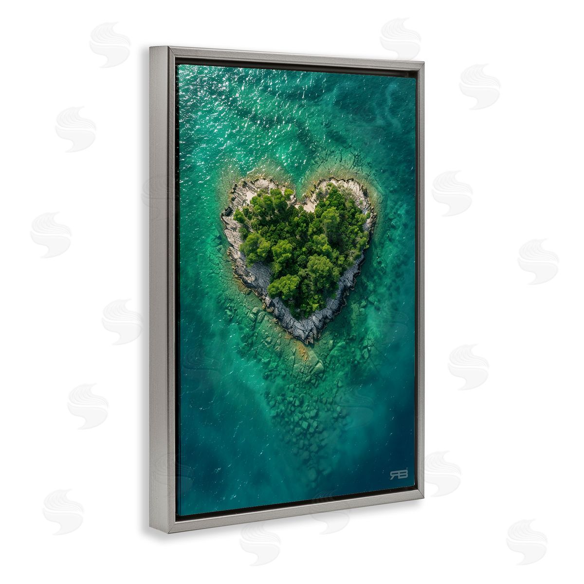 RB Heart Shaped Island Gray Floating Frame Canvas Wall Art Print