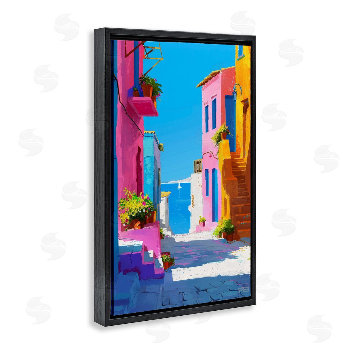RB Coastal Town Buildings Black Floating Frame Canvas Wall Art Print