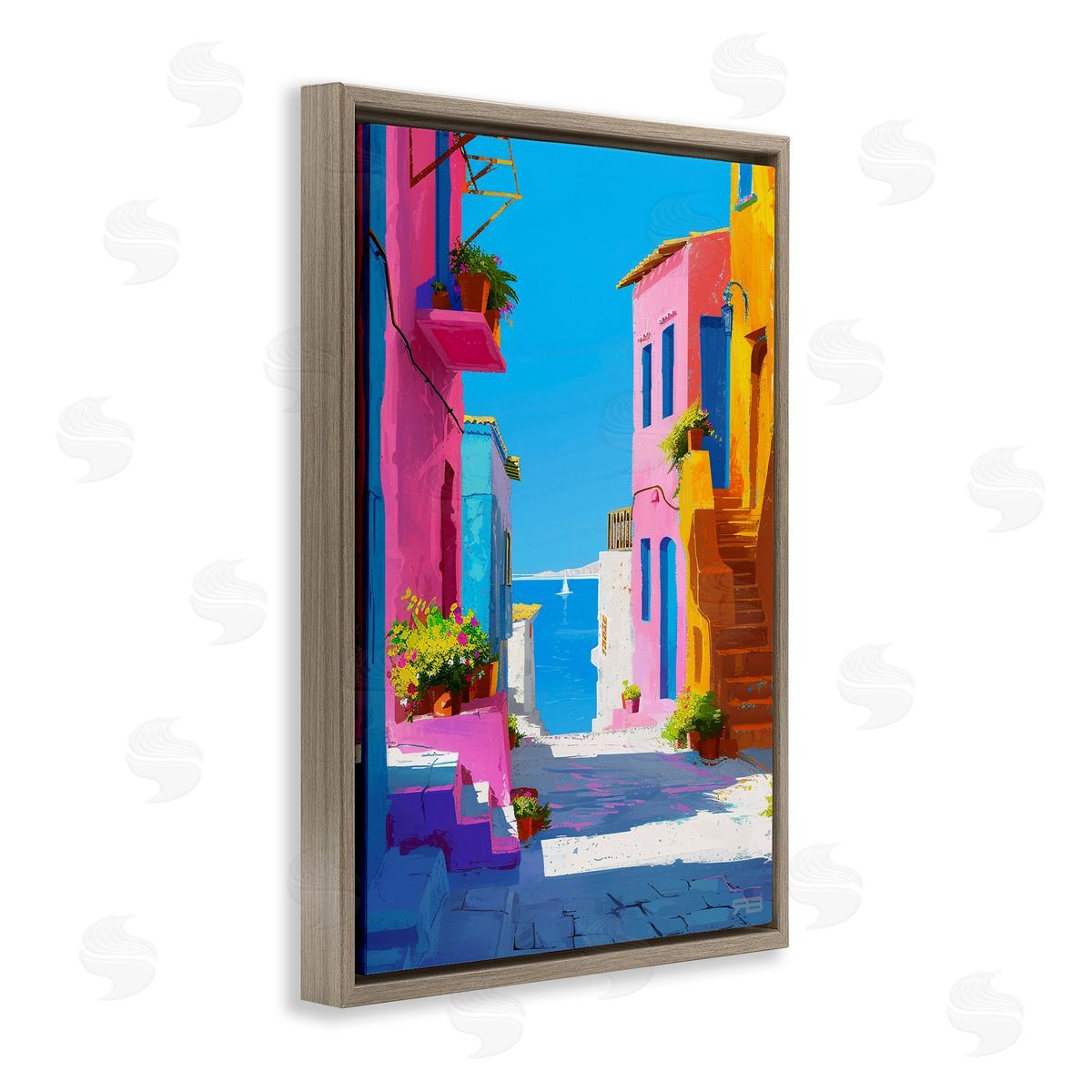 RB Coastal Town Buildings Brown Floating Frame Canvas Wall Art Print
