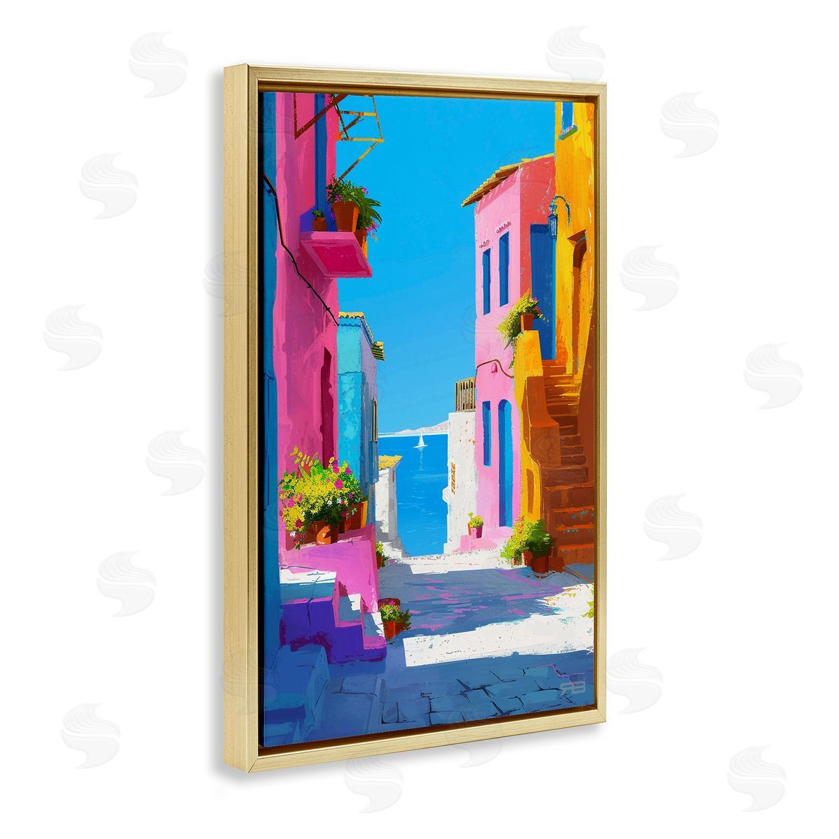 RB Coastal Town Buildings Gold Floating Frame Canvas Wall Art Print
