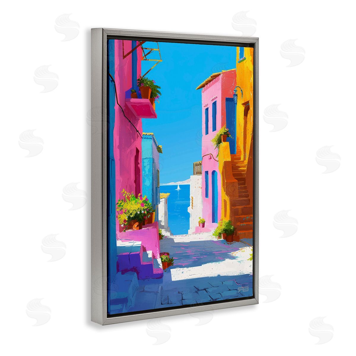 RB Coastal Town Buildings Gray Floating Frame Canvas Wall Art Print
