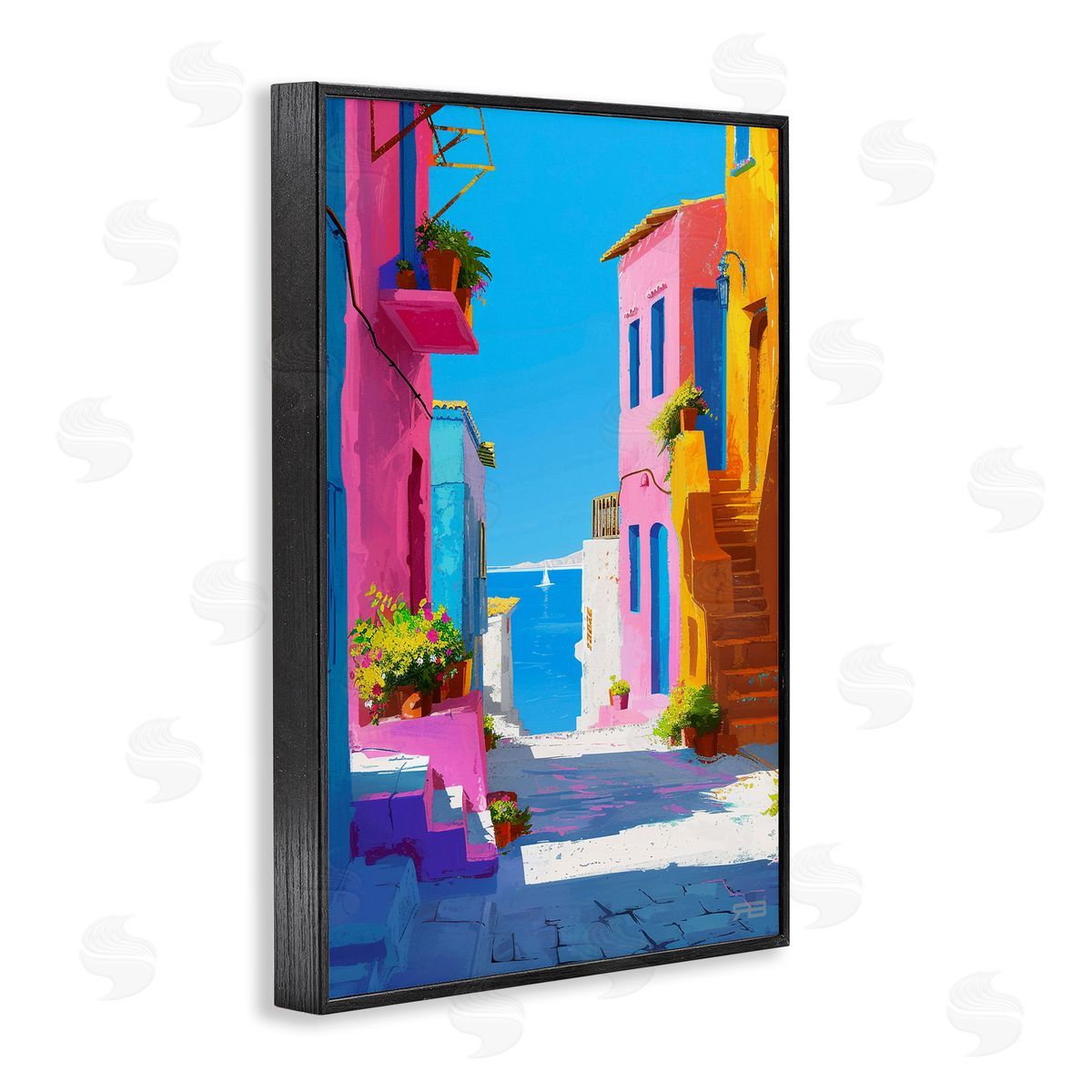 RB Coastal Town Buildings Black Framed Giclee Wall Art Print