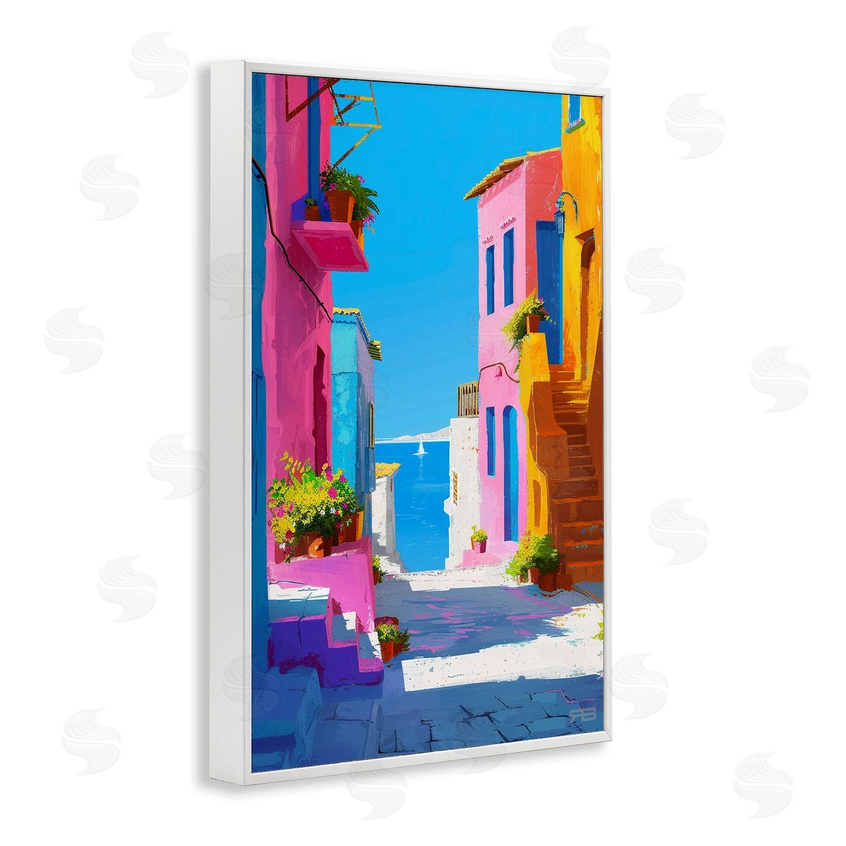 RB Coastal Town Buildings White Framed Giclee Wall Art Print