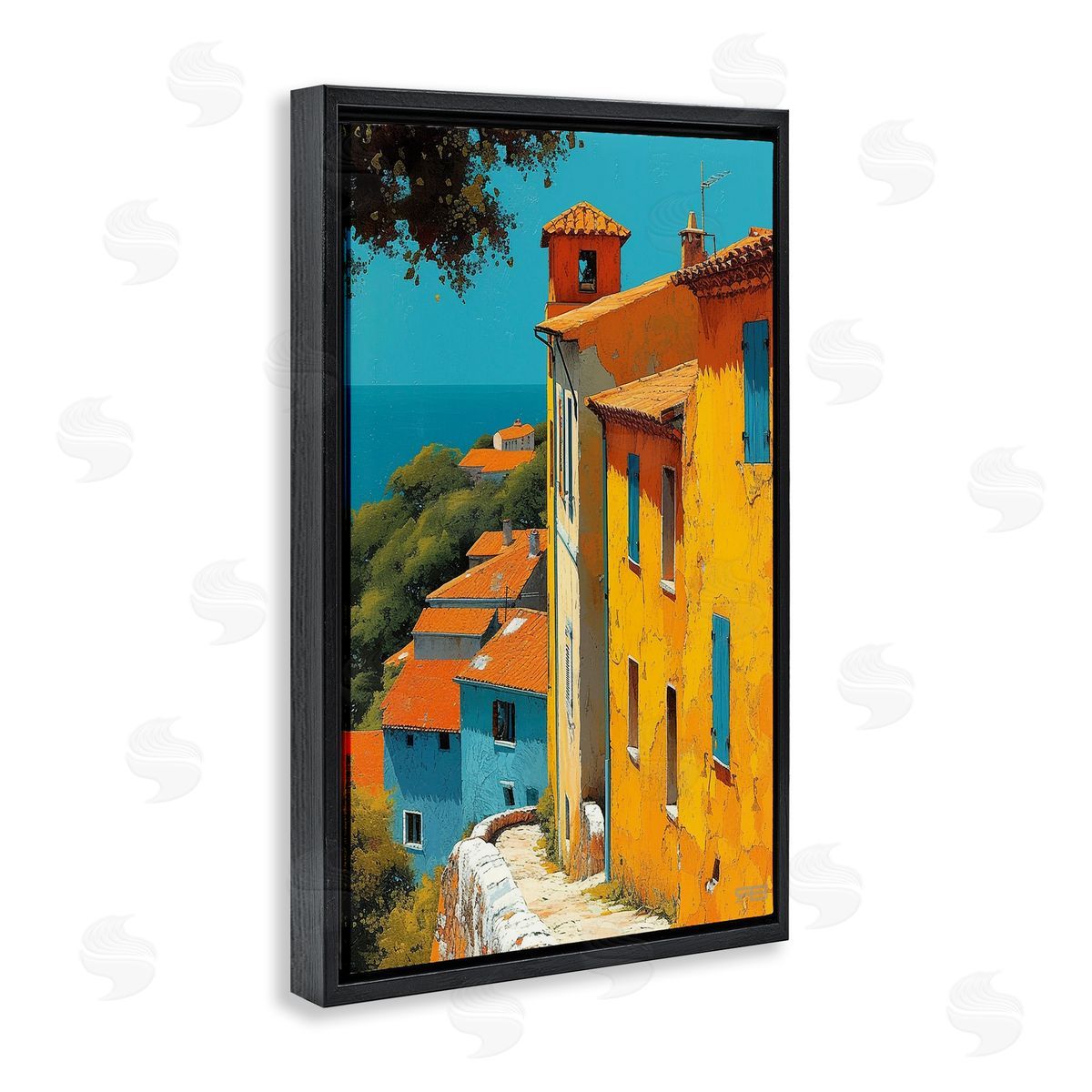 RB Tall Buildings by Sea Black Floating Frame Canvas Wall Art Print