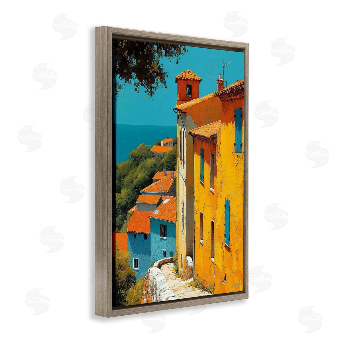 RB Tall Buildings by Sea Brown Floating Frame Canvas Wall Art Print