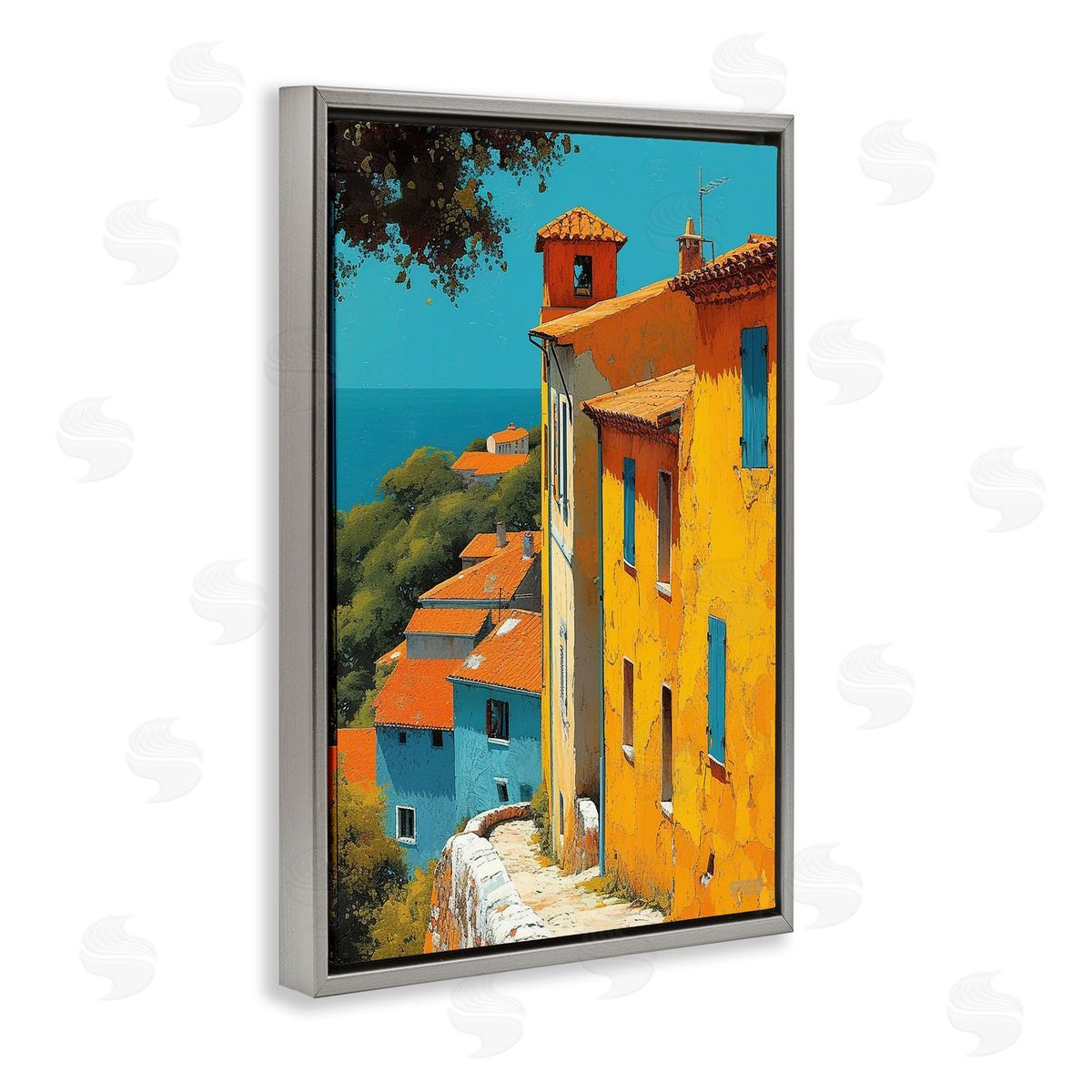 RB Tall Buildings by Sea Gray Floating Frame Canvas Wall Art Print