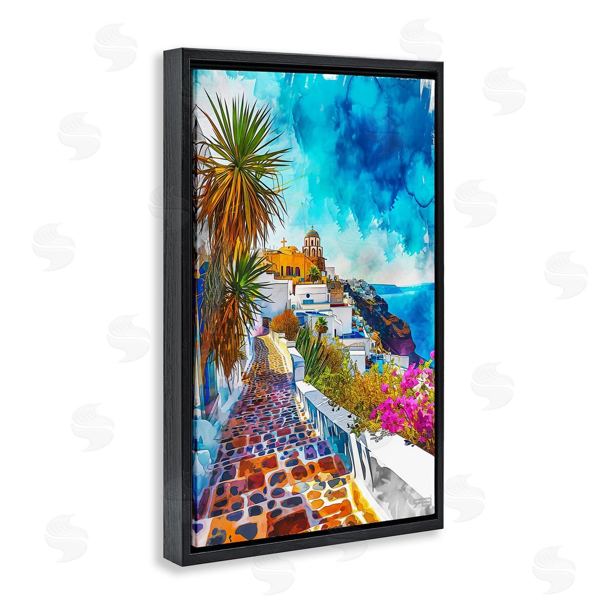 RB Tropical Coastal Town Black Floating Frame Canvas Wall Art Print