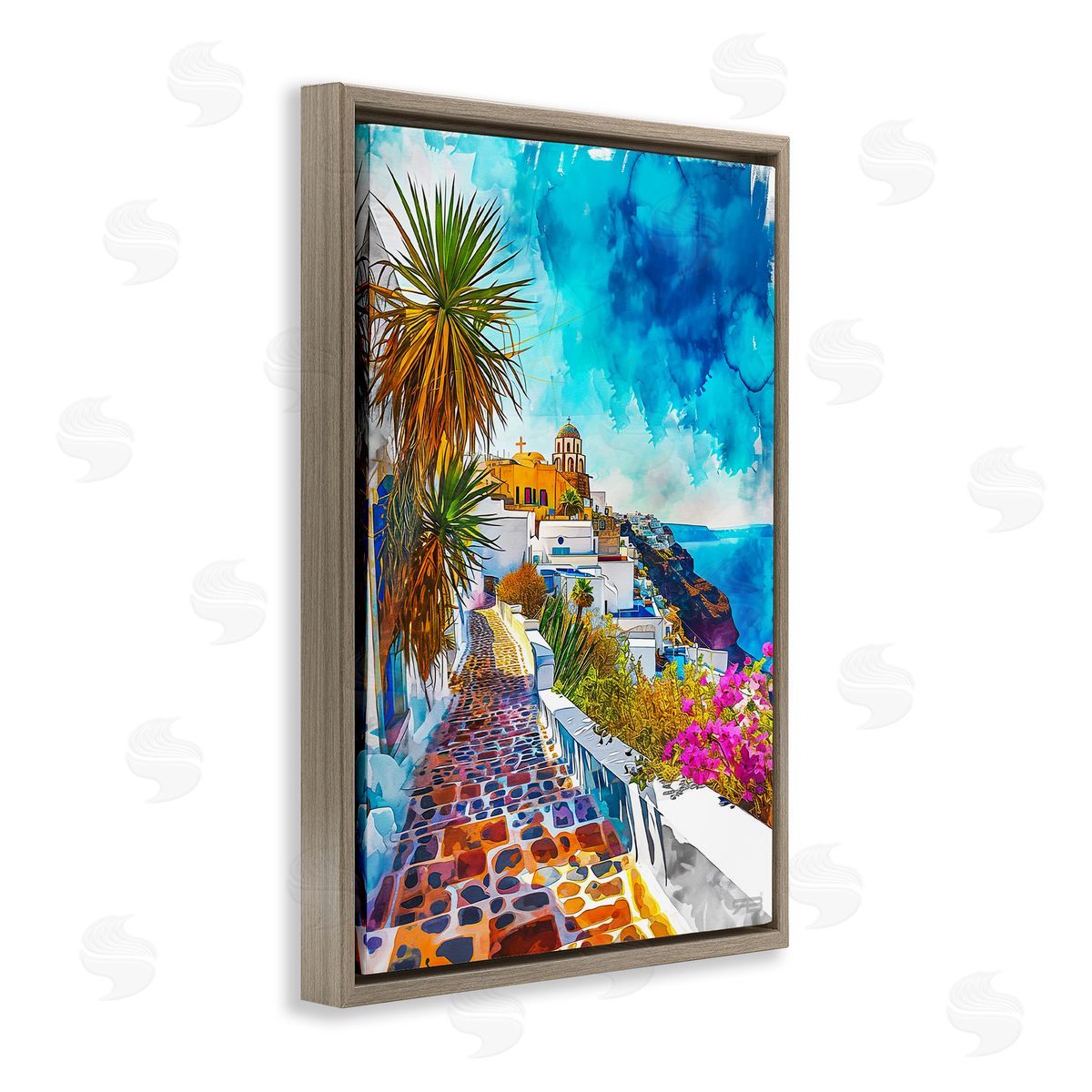 RB Tropical Coastal Town Brown Floating Frame Canvas Wall Art Print