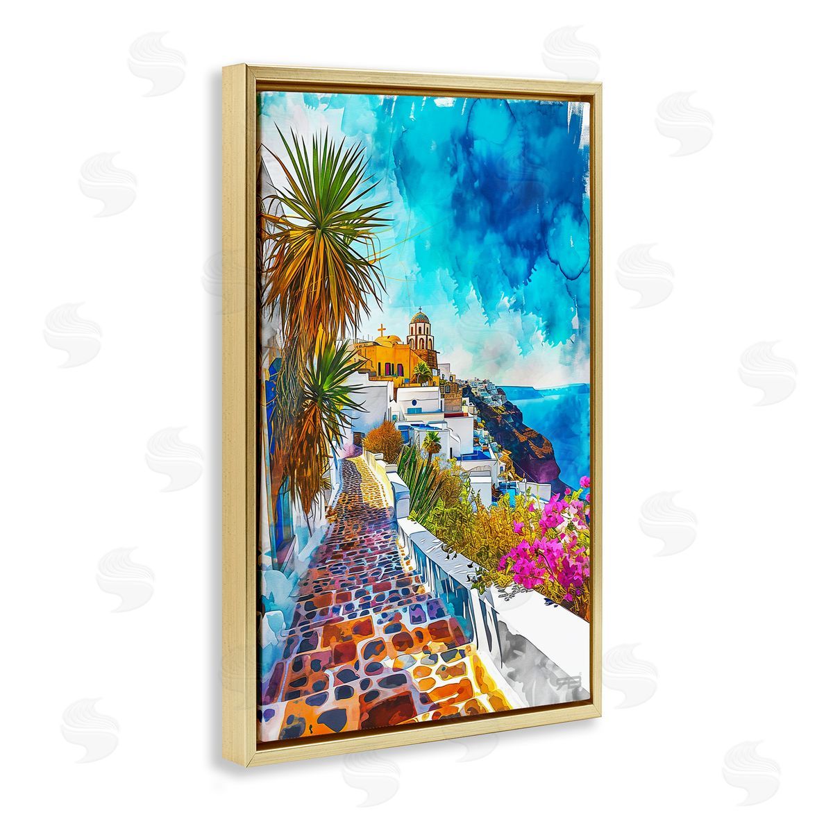 RB Tropical Coastal Town Gold Floating Frame Canvas Wall Art Print