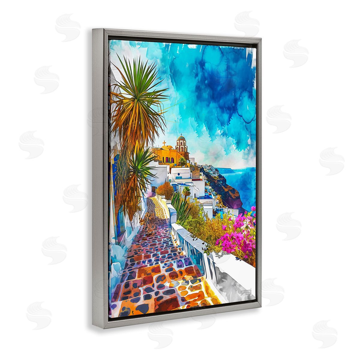 RB Tropical Coastal Town Gray Floating Frame Canvas Wall Art Print