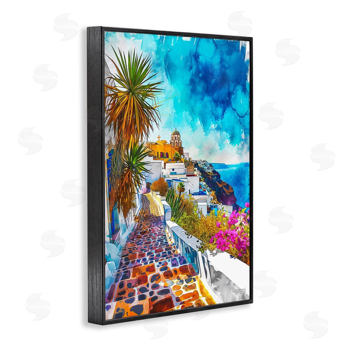 RB Tropical Coastal Town Black Framed Giclee Wall Art Print
