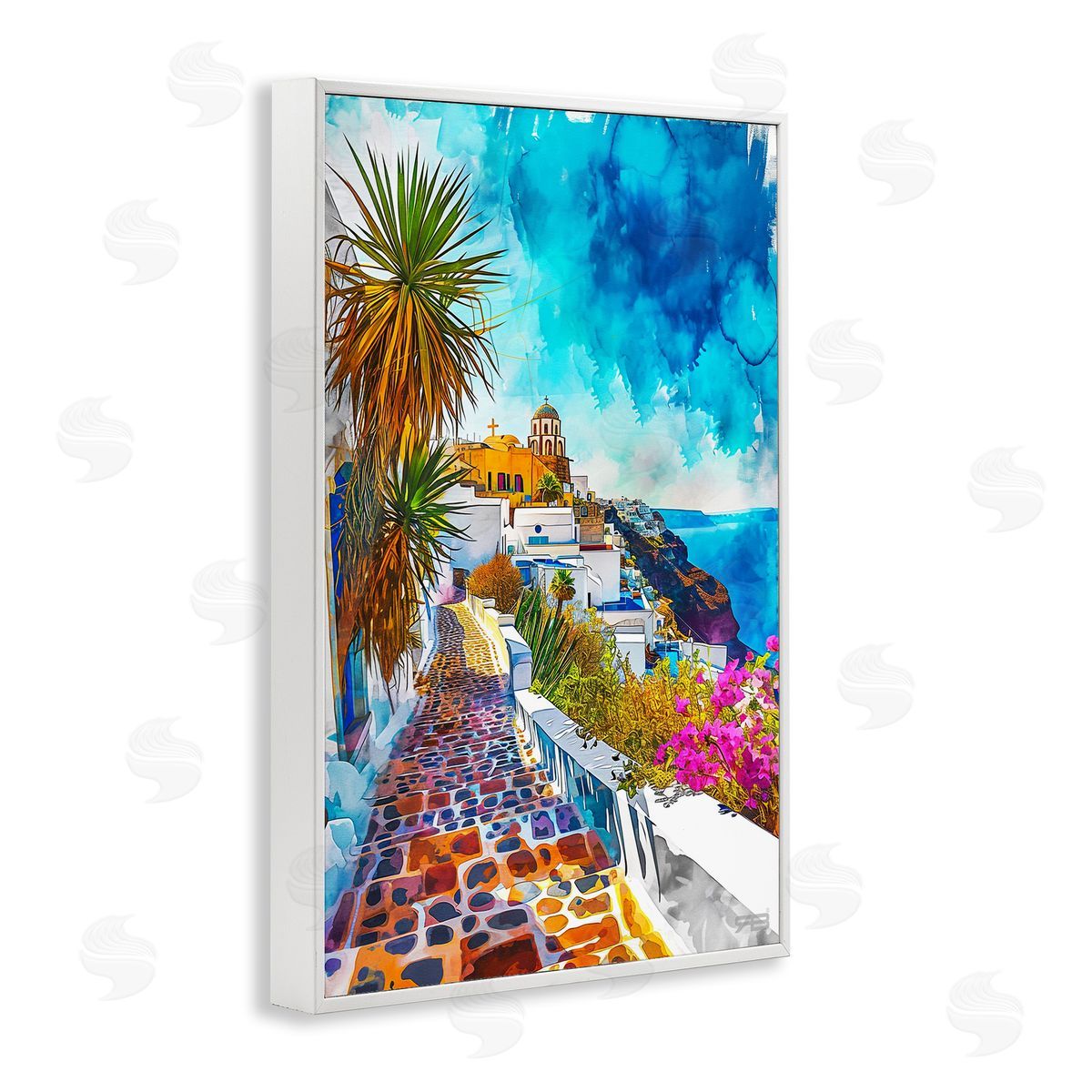 RB Tropical Coastal Town White Framed Giclee Wall Art Print