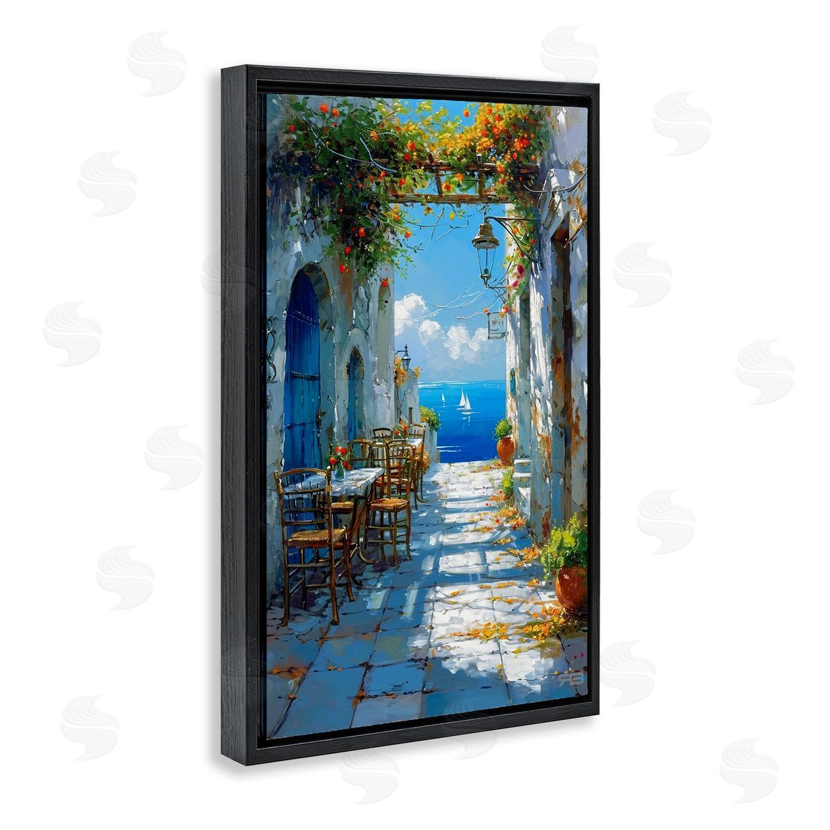 RB Quaint Alley by Sea Black Floating Frame Canvas Wall Art Print