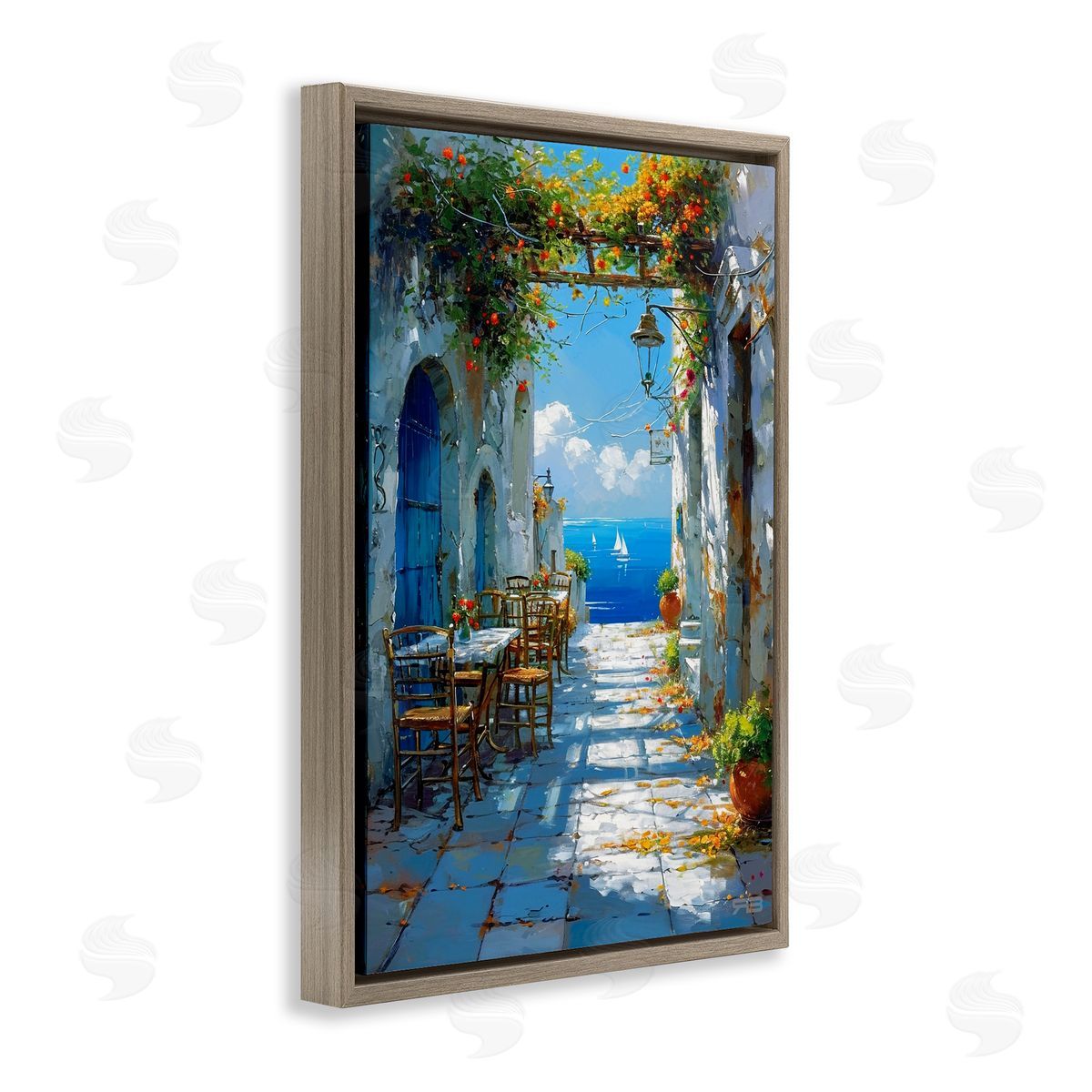 RB Quaint Alley by Sea Brown Floating Frame Canvas Wall Art Print