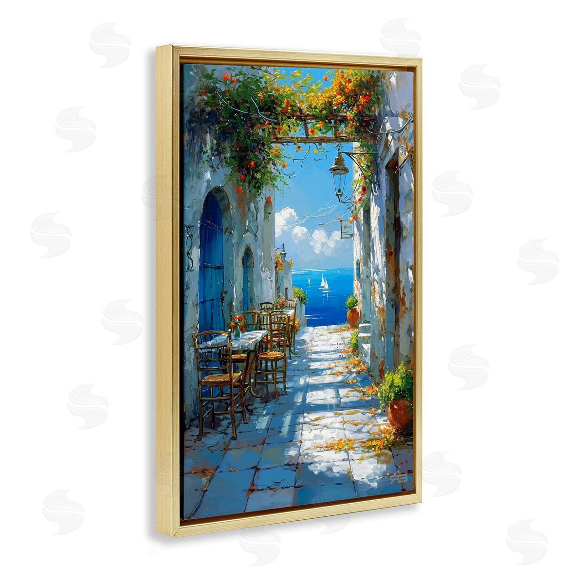 RB Quaint Alley by Sea Gold Floating Frame Canvas Wall Art Print