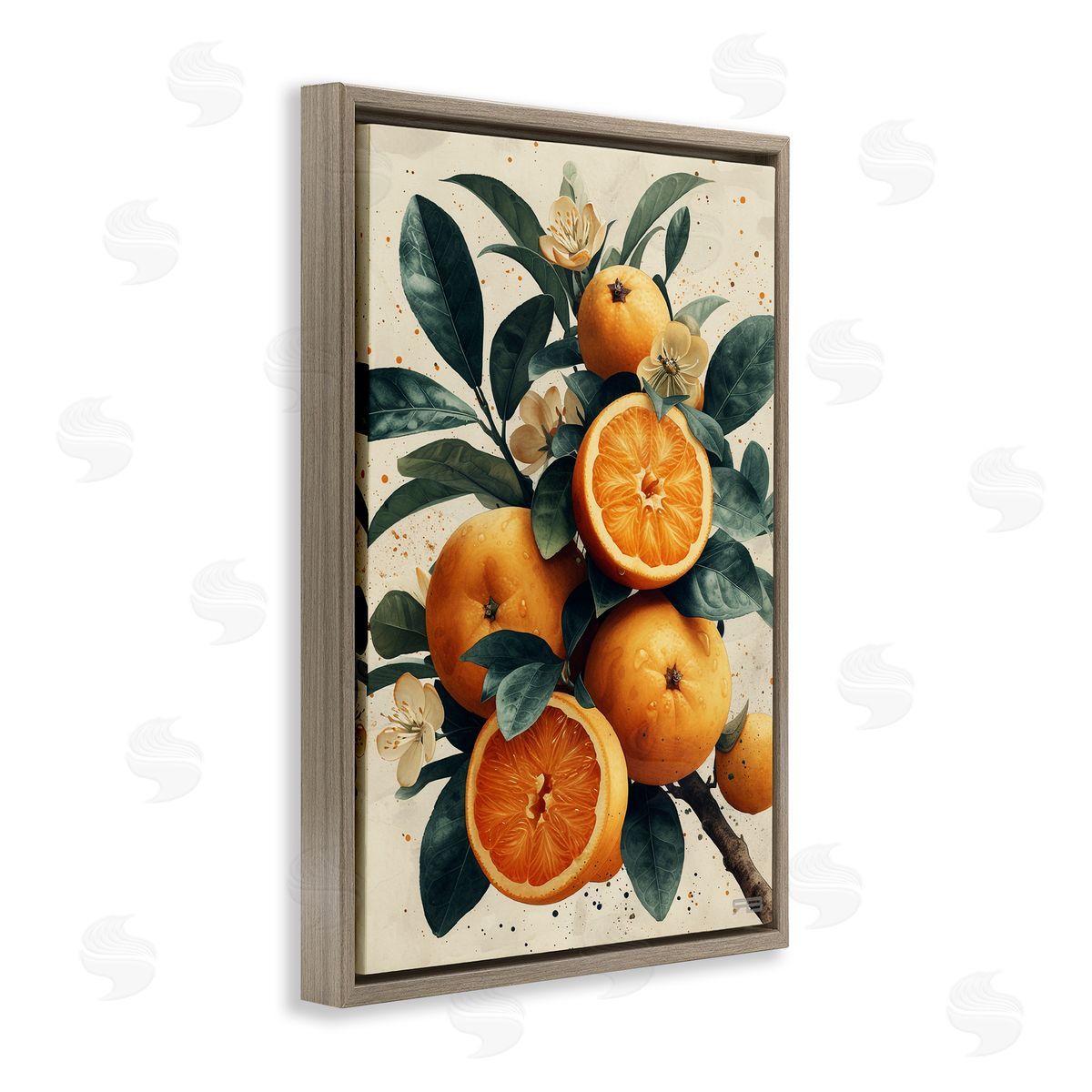 RB Vibrant Citrus Branch Brown Floating Frame Canvas Wall Art Print