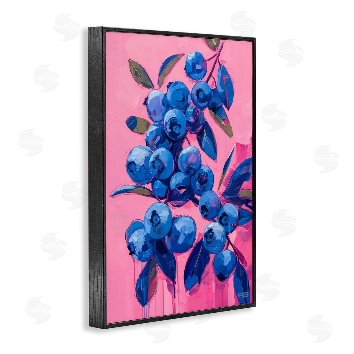 RB Vibrant Blueberries on Pink Black Framed Giclee Wall Art Print