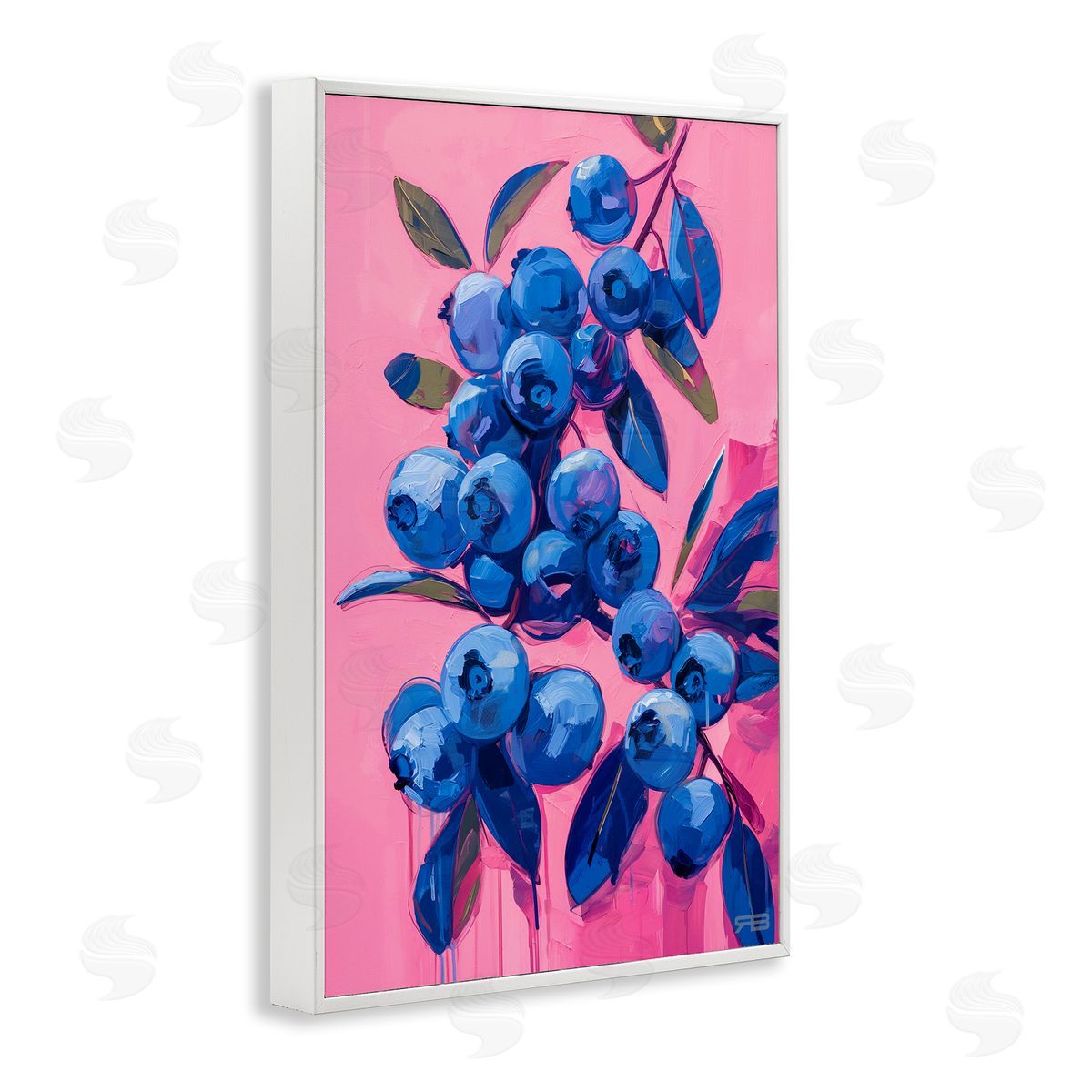 RB Vibrant Blueberries on Pink White Framed Giclee Wall Art Print