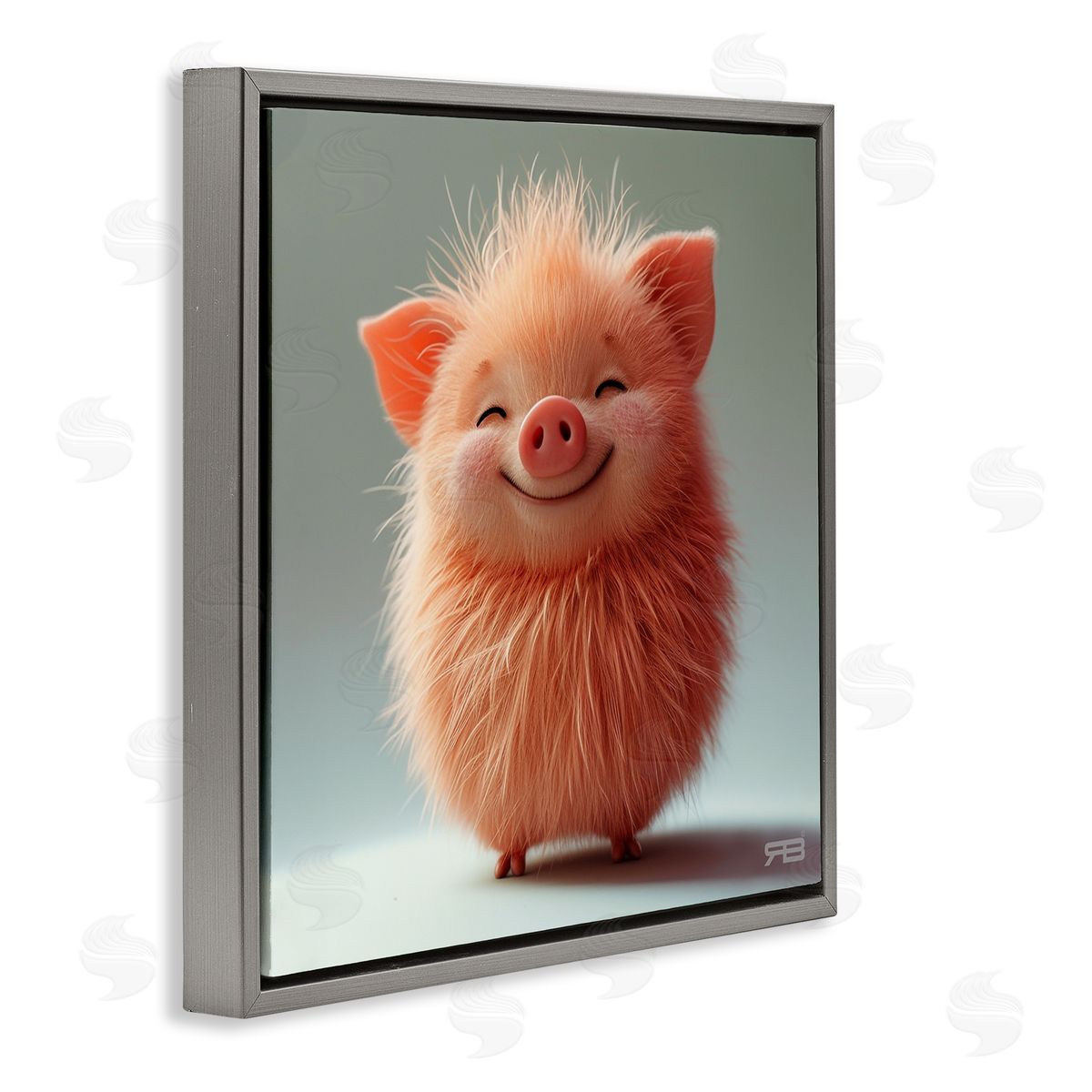 RB Smiling Fluffy Piglet Gray Floating Frame Canvas Wall Art Print