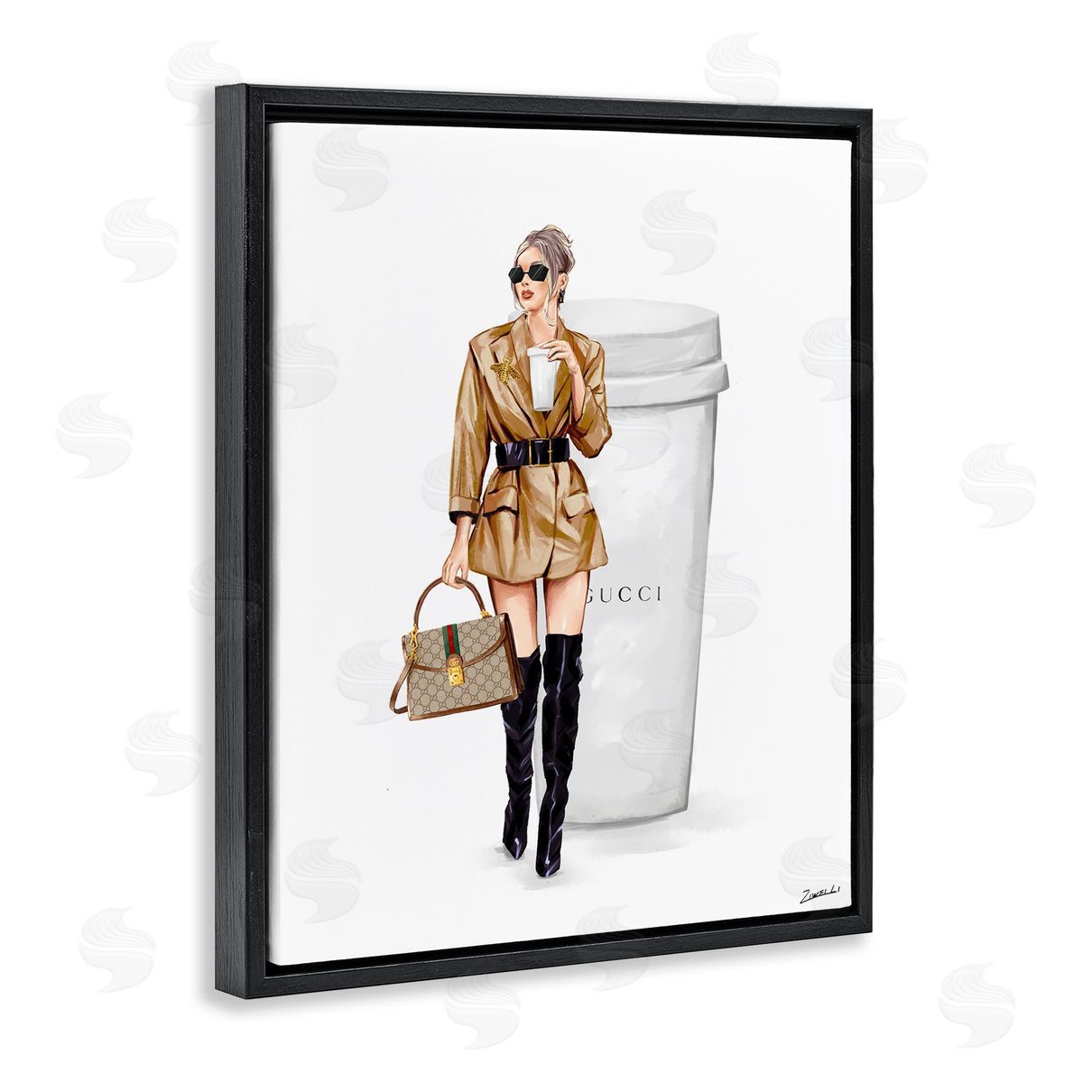 Ziwei Li Sophisticated Girl & Coffee Black Floating Frame Canvas Wall Art Print