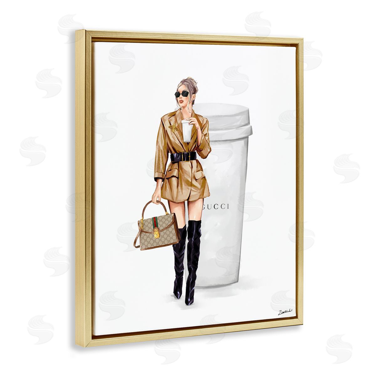 Ziwei Li Sophisticated Girl & Coffee Gold Floating Frame Canvas Wall Art Print