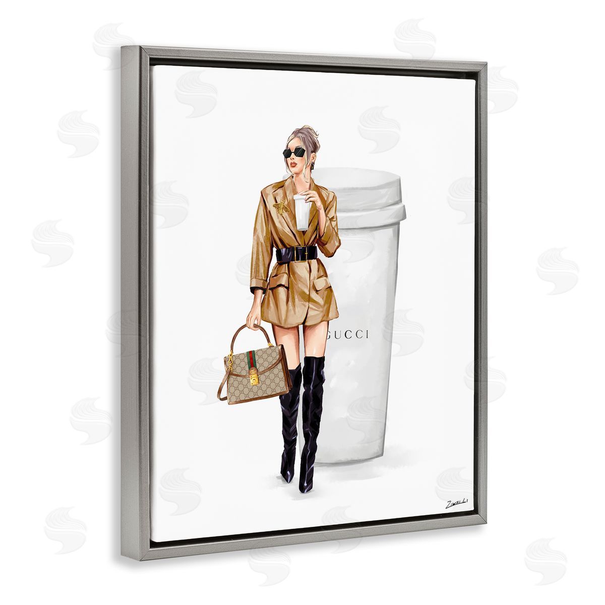 Ziwei Li Sophisticated Girl & Coffee Gray Floating Frame Canvas Wall Art Print
