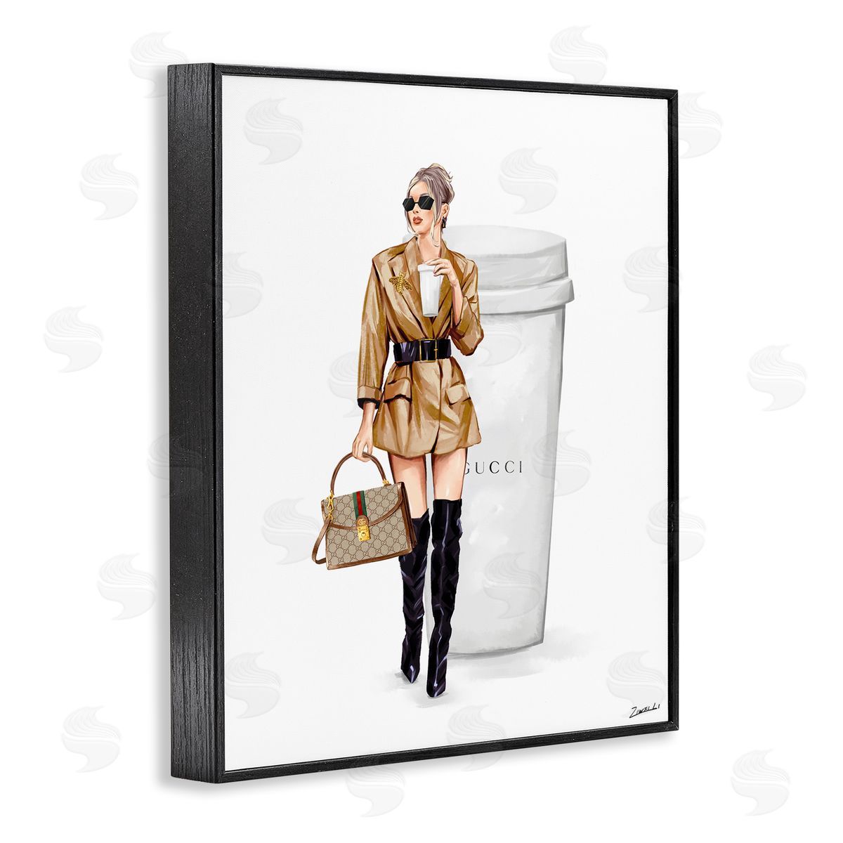 Ziwei Li Sophisticated Girl & Coffee Black Framed Giclee Wall Art Print