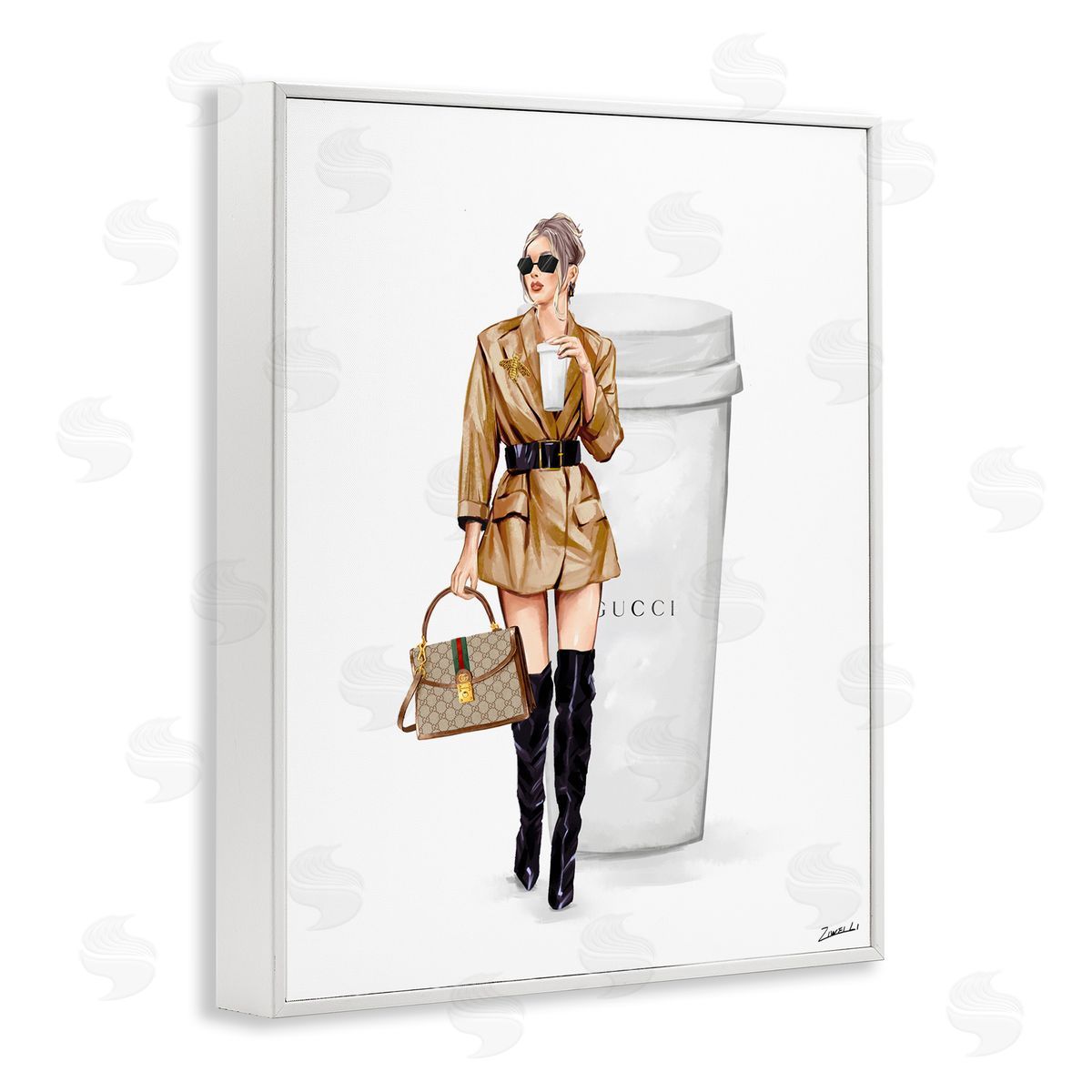 Ziwei Li Sophisticated Girl & Coffee White Framed Giclee Wall Art Print